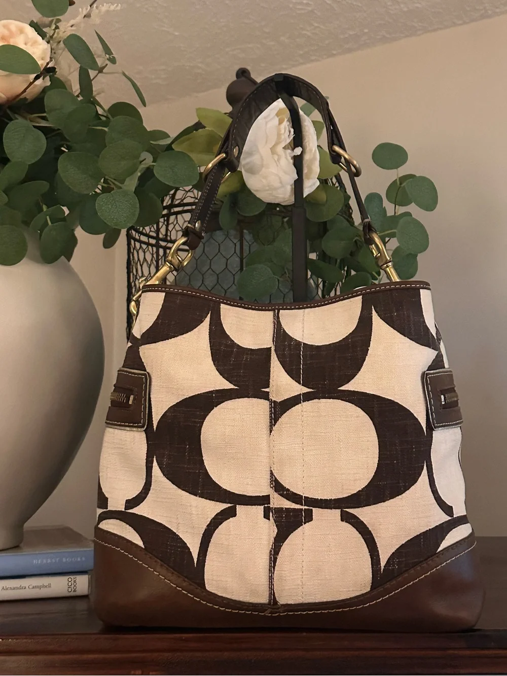 VINTAGE Y2K Coach Carly Hobo Bag – Rare Giant C Brown & Cream Linen #7473